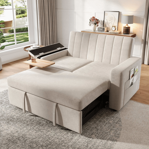 Sofá-cama de 2 lugares 140 x 84,5 x 84 cm u2013 Extensível 3 em 1 em chenille com USB, Type-C, tabuleiro rebatível e bolsos u2013 Bege Sofá-cama de 2 lugares 140 x 84,5 x 84 cm u2013 Extensível 3 em 1 em chenille com USB, Type-C, tabuleiro rebatível e bolsos u2013 Bege