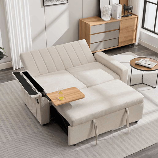 Sofá-cama de 2 lugares 140 x 84,5 x 84 cm u2013 Extensível 3 em 1 em chenille com USB, Type-C, tabuleiro rebatível e bolsos u2013 Bege Sofá-cama de 2 lugares 140 x 84,5 x 84 cm u2013 Extensível 3 em 1 em chenille com USB, Type-C, tabuleiro rebatível e bolsos u2013 Bege