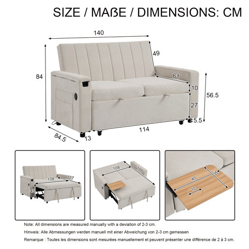 Sofá-cama de 2 lugares 140 x 84,5 x 84 cm u2013 Extensível 3 em 1 em chenille com USB, Type-C, tabuleiro rebatível e bolsos u2013 Bege Sofá-cama de 2 lugares 140 x 84,5 x 84 cm u2013 Extensível 3 em 1 em chenille com USB, Type-C, tabuleiro rebatível e bolsos u2013 Bege