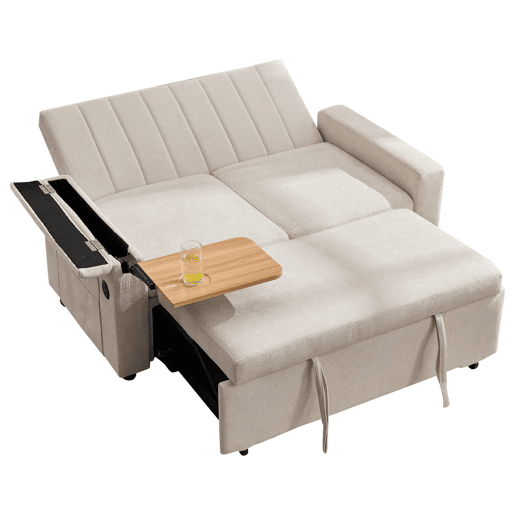 Sofá-cama de 2 lugares 140 x 84,5 x 84 cm u2013 Extensível 3 em 1 em chenille com USB, Type-C, tabuleiro rebatível e bolsos u2013 Bege Sofá-cama de 2 lugares 140 x 84,5 x 84 cm u2013 Extensível 3 em 1 em chenille com USB, Type-C, tabuleiro rebatível e bolsos u2013 Bege