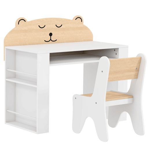AIYAPLAY Mesa e Cadeira Infantil, Conjunto de 2 Peças com Estante e Gaveta, para Ler e Desenhar, Branco e Madeira AIYAPLAY Mesa e Cadeira Infantil, Conjunto de 2 Peças com Estante e Gaveta, para Ler e Desenhar, Branco e Madeira