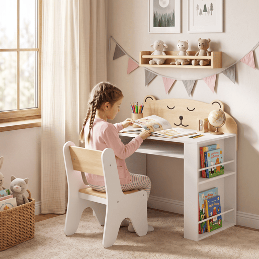 AIYAPLAY Mesa e Cadeira Infantil, Conjunto de 2 Peças com Estante e Gaveta, para Ler e Desenhar, Branco e Madeira AIYAPLAY Mesa e Cadeira Infantil, Conjunto de 2 Peças com Estante e Gaveta, para Ler e Desenhar, Branco e Madeira