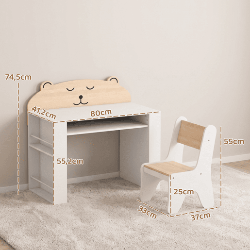 AIYAPLAY Mesa e Cadeira Infantil, Conjunto de 2 Peças com Estante e Gaveta, para Ler e Desenhar, Branco e Madeira AIYAPLAY Mesa e Cadeira Infantil, Conjunto de 2 Peças com Estante e Gaveta, para Ler e Desenhar, Branco e Madeira