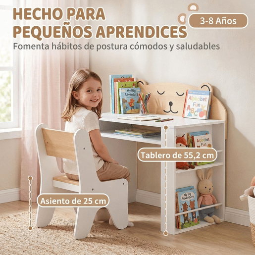 AIYAPLAY Mesa e Cadeira Infantil, Conjunto de 2 Peças com Estante e Gaveta, para Ler e Desenhar, Branco e Madeira AIYAPLAY Mesa e Cadeira Infantil, Conjunto de 2 Peças com Estante e Gaveta, para Ler e Desenhar, Branco e Madeira