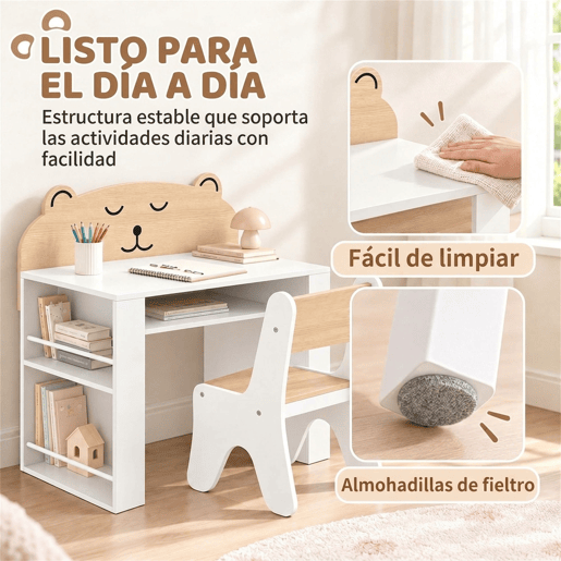 AIYAPLAY Mesa e Cadeira Infantil, Conjunto de 2 Peças com Estante e Gaveta, para Ler e Desenhar, Branco e Madeira AIYAPLAY Mesa e Cadeira Infantil, Conjunto de 2 Peças com Estante e Gaveta, para Ler e Desenhar, Branco e Madeira