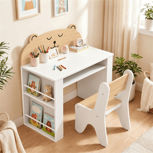AIYAPLAY Mesa e Cadeira Infantil, Conjunto de 2 Peças com Estante e Gaveta, para Ler e Desenhar, Branco e Madeira AIYAPLAY Mesa e Cadeira Infantil, Conjunto de 2 Peças com Estante e Gaveta, para Ler e Desenhar, Branco e Madeira