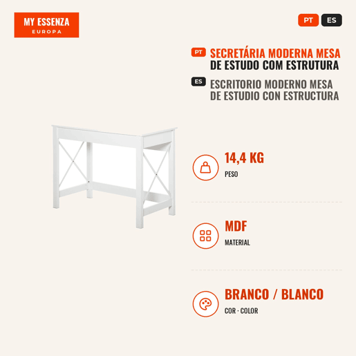Secretária Moderna, Mesa de Estudo e Computador com Estrutura de Aço 105x50x76 cm Branco Secretária Moderna, Mesa de Estudo e Computador com Estrutura de Aço 105x50x76 cm Branco