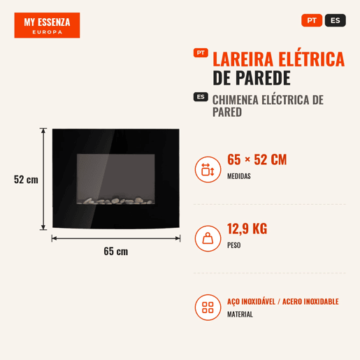Lareira Elétrica de Parede com Potência 9001800W Controlo Remoto Efeito de Chama Realista em 7 Cores 65x11,4x52cm Preto Lareira Elétrica de Parede com Potência 9001800W Controlo Remoto Efeito de Chama Realista em 7 Cores 65x11,4x52cm Preto
