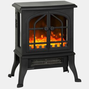 Lareira Elétrica de Pé Decorativa 9001800W com Efeito Chama 3D 2 Níveis de Potência Termóstato Ajustável Janelas Visíveis para 15-30 ? 39x24x48 cm Preto