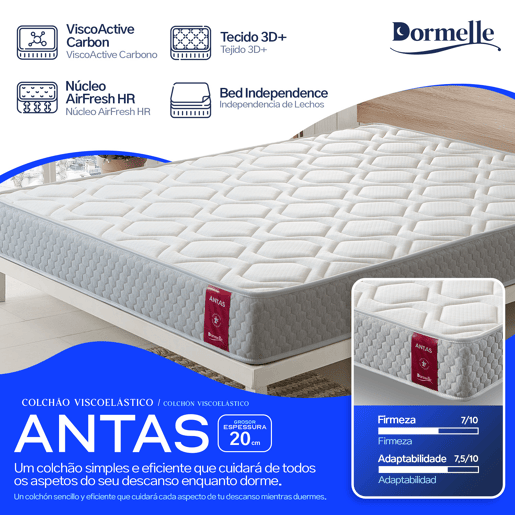 Colchão 90x200 cm Antas - Altura +- 20 cm - Espuma de memória de alta densidade - 100% respirável - Firmeza médiaalta