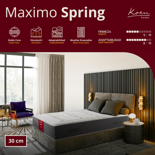 Colchão Premium de molas 105x190 cm Maximo Spring - Espessura +- 30 cm - Firmeza média - Reversível - Tecido Maximo Stretch - Espuma viscoelástica
