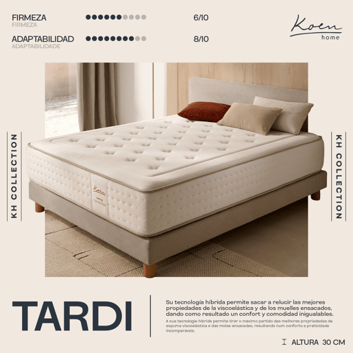 Colchão Molas ensacadas 90x180 cm Tardi - Altura +- 30 cm - Firmeza médiaalta - Tecnologia híbrida com espuma viscoelástica - Adaptabilidade única