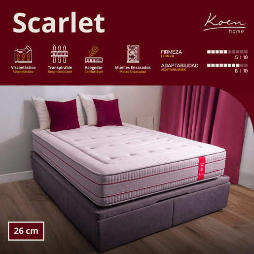 Colchão híbrido 150x190 cm Scarlet - +- 26 cm - Firmeza média - Molas ensacadas + espuma viscoelástica - Respirável - Zonas de sono independentes