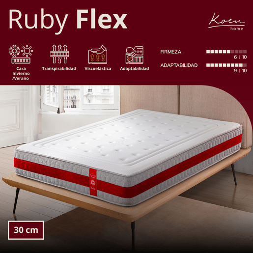 Colchão viscoelástico 105x190 cm Ruby Flex - Altura +- 30 cm - Firmeza média - Alta adaptabilidade - Espuma FlexCel - Lado invernoverão
