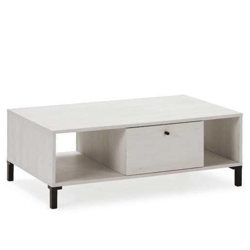 Mesa de centro Javea 1 gaveta e 2 aberturas, cor branca e madeira, 100 (L) 60 (P) 37,5 cm