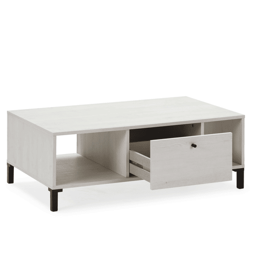 Mesa de centro Javea 1 gaveta e 2 aberturas, cor branca e madeira, 100 (L) 60 (P) 37,5 cm