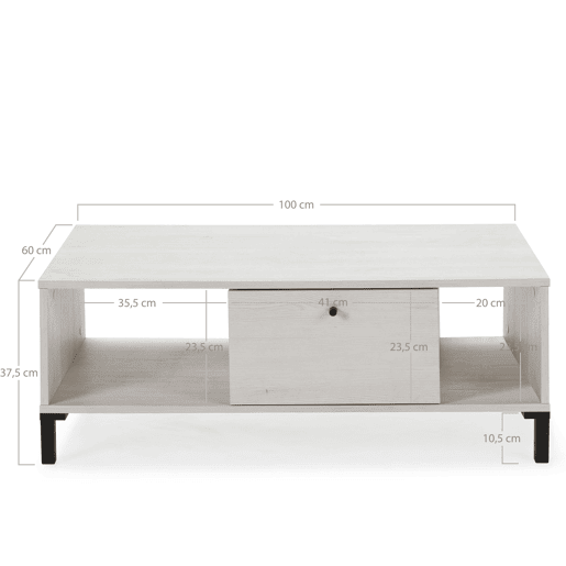 Mesa de centro Javea 1 gaveta e 2 aberturas, cor branca e madeira, 100 (L) 60 (P) 37,5 cm