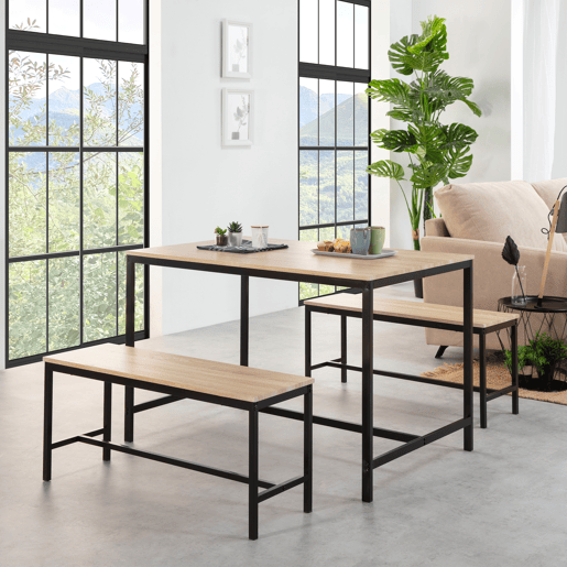 Conjunto de mesa e 2 bancos Lisboa, sala de jantar ou cozinha, mesa 110 x 70 x 75 cm, estrutura metálica