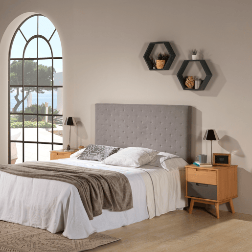 Cabeceira estofada Malta 140x60 cm cinzenta, almofadada com espuma, bordada com efeito acolchoado, 8 cm de espessura, incluindo ferragens para pendurar