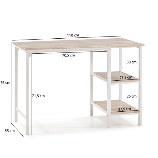 Mesa de escrita Colón Branco, 2 prateleiras, 110 x 55 x 76 cm