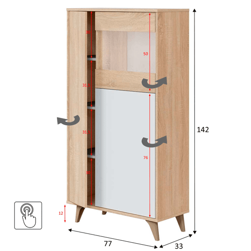 Armário expositor de 3 portas Kiko cor carvalhobranco, aparador ou estante, 77 x 33 x 142 cm