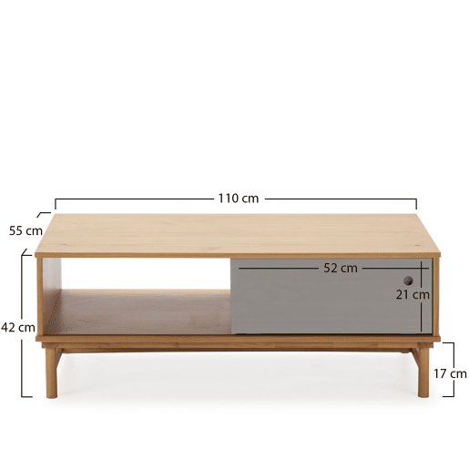 Mesa de centro Magnus 1 porta de correr e 1 de abrir, madeira maciça, 110 x 55 x 42 cm