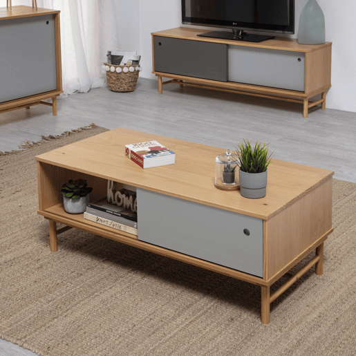 Mesa de centro Magnus 1 porta de correr e 1 de abrir, madeira maciça, 110 x 55 x 42 cm