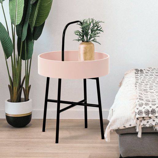 Mesa de apoio redonda Jaipur, tampo em MDF rosa, estrutura metálica, preto mate, 40 cm