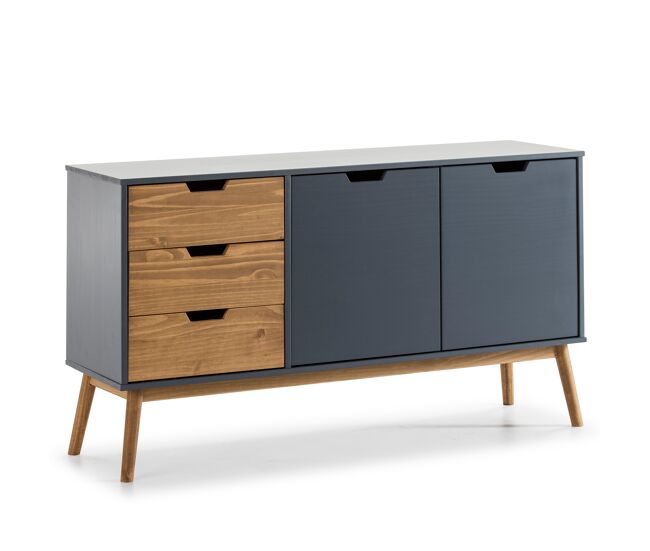 Aparador java 3 cajones y 2 puertas antracita/cera, madera de pino maciza, 140 cm longitud