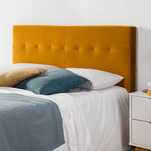 Cabeceira Napoli Estofada 140x100 cm Mostarda, para Cama 135, Veludo, Pernas de Madeira, Ferragens incluídas