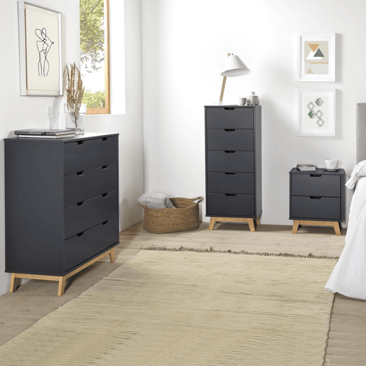 Miranda Cómoda de 4 gavetas Antracite, MDF lacado, pernas de madeira e corrediças de metal