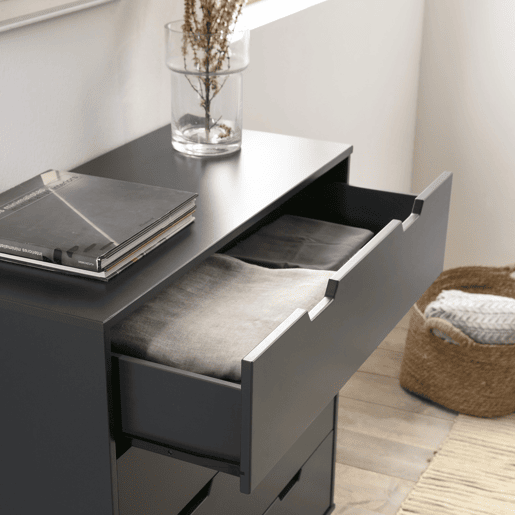 Miranda Cómoda de 4 gavetas Antracite, MDF lacado, pernas de madeira e corrediças de metal