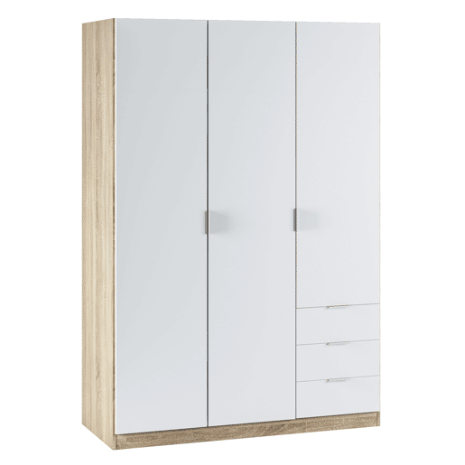 Roupeiro Nico 3 portas e 3 gavetas Cor carvalhobranco, 121 x 52 x 180 cm