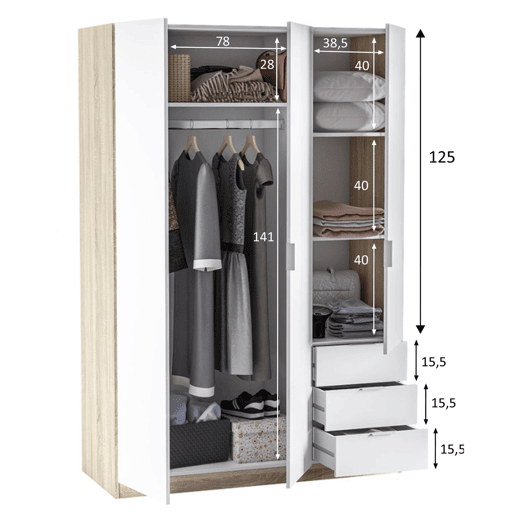 Roupeiro Nico 3 portas e 3 gavetas Cor carvalhobranco, 121 x 52 x 180 cm