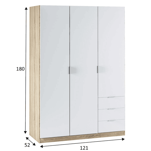 Roupeiro Nico 3 portas e 3 gavetas Cor carvalhobranco, 121 x 52 x 180 cm