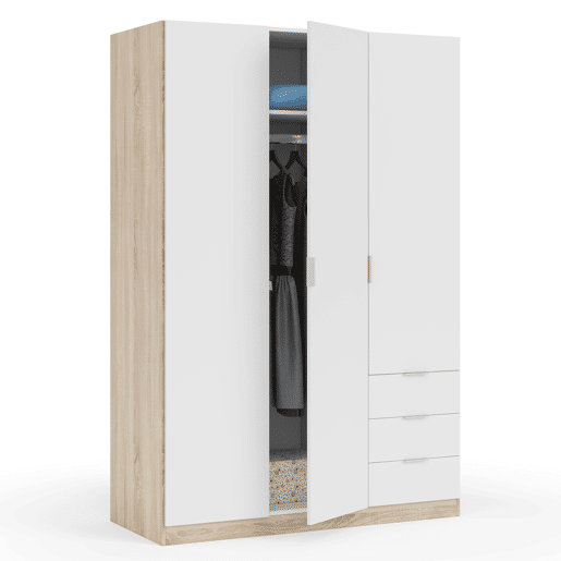 Roupeiro Nico 3 portas e 3 gavetas Cor carvalhobranco, 121 x 52 x 180 cm