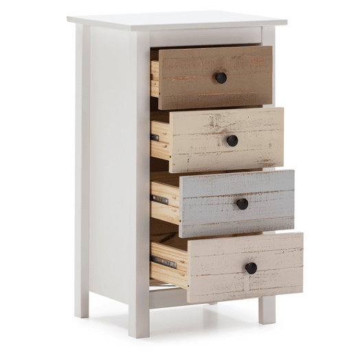 Cómoda Magda de 4 gavetas em branco com gavetas multicoloridas, pinho maciço