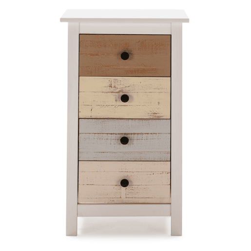 Cómoda Magda de 4 gavetas em branco com gavetas multicoloridas, pinho maciço