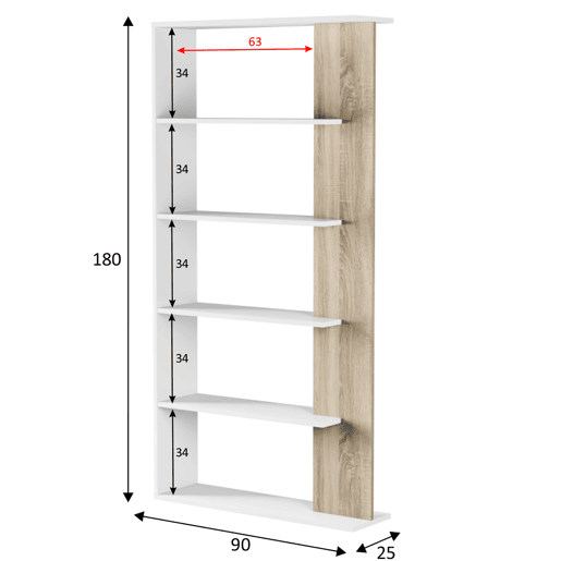 Estante de livros Lugo BrancoCarvalho 5 compartimentos, para sala de estar ou sala de jantar, 90 x 25 x 180 cm