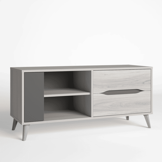 Móvel para TV Orly para sala de estar e jantar Carvalho claro e cinzento, 1 porta e 2 gavetas, 113 x 40 x 52 cm