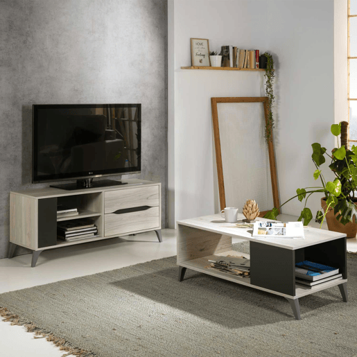 Móvel para TV Orly para sala de estar e jantar Carvalho claro e cinzento, 1 porta e 2 gavetas, 113 x 40 x 52 cm