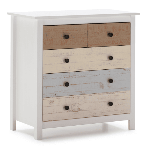 Cómoda Magda de 5 gavetas em branco e gavetas multicoloridas, pinho maciço