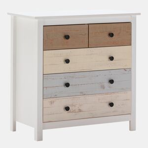 Cómoda Magda de 5 gavetas em branco e gavetas multicoloridas, pinho maciço