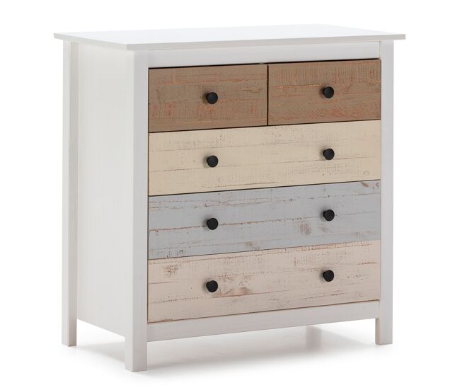 Comoda de noche magda de 5 cajones en blanco y cajones multicolor, pino macizo