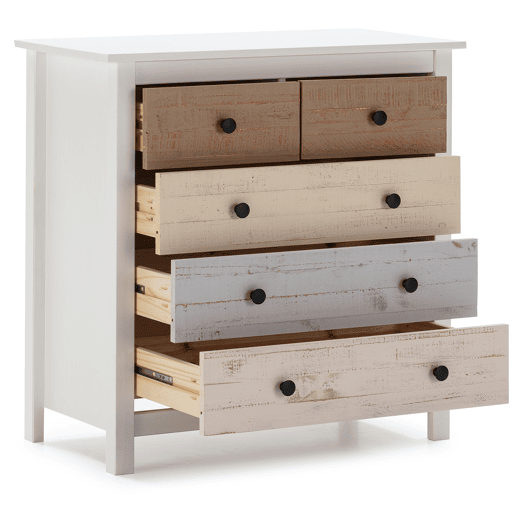 Cómoda Magda de 5 gavetas em branco e gavetas multicoloridas, pinho maciço