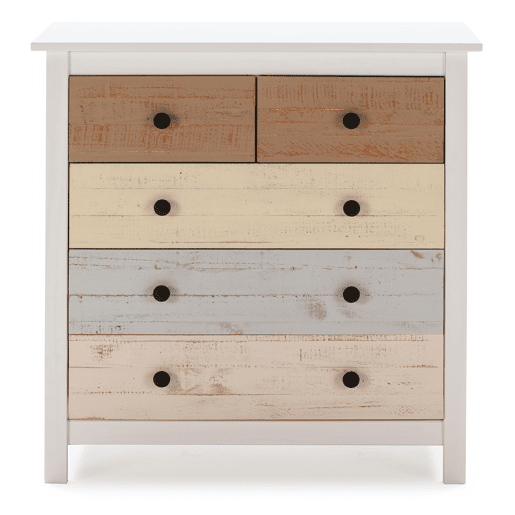Cómoda Magda de 5 gavetas em branco e gavetas multicoloridas, pinho maciço