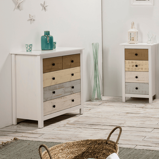Cómoda Magda de 5 gavetas em branco e gavetas multicoloridas, pinho maciço