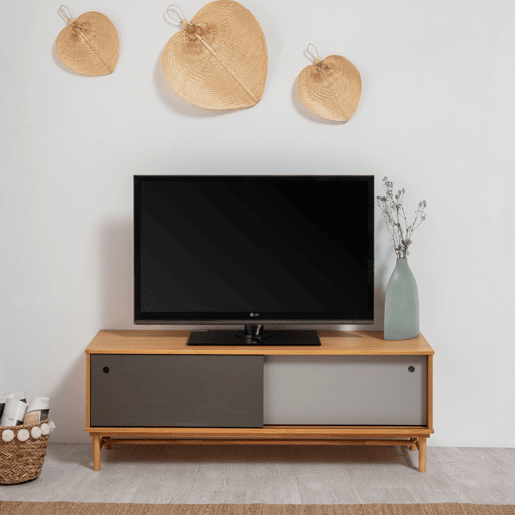 Móvel TV Magnus 2 portas de correr, cor cinzenta, madeira maciça, 140 cm x 40 cm x 50 cm