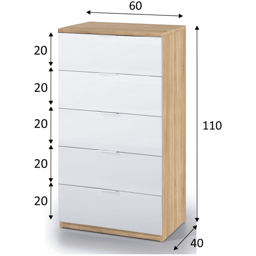 Cómoda 5 gavetas Nilo Cor carvalhobranco, 60 cm (L) 40 cm (P) 110 cm (A)