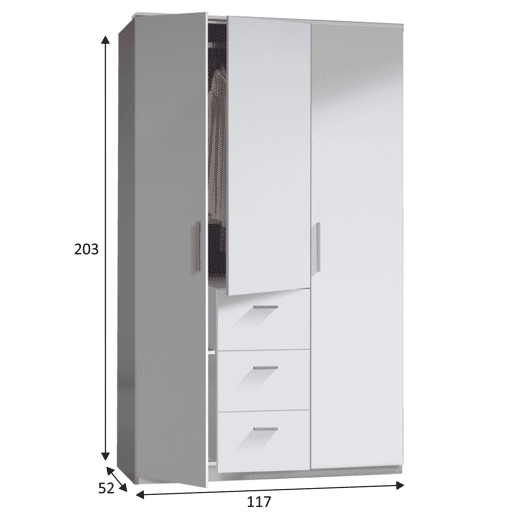 Roupeiro Lisa 3 Portas 3 Gavetas Branco Brilhante, 117 L 52 P 203 A cm